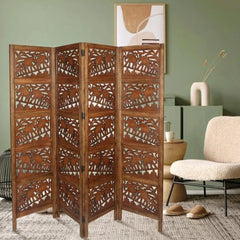 Tropical Four-Panel Room Divider with Palm Leaf Design-Wooden Crest