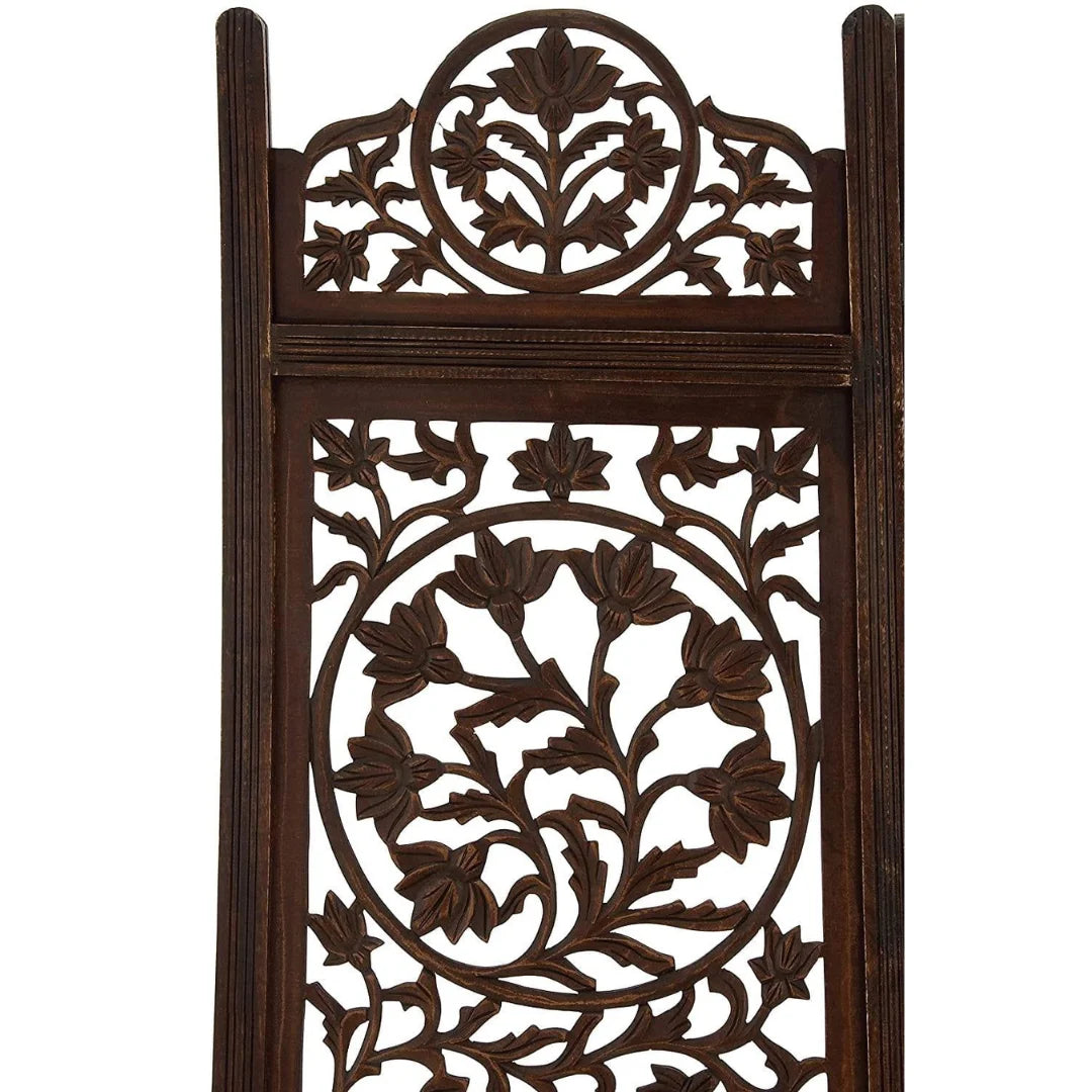 Persian Four-Panel Room Divider with Lotus Medallion Design-Wooden Crest