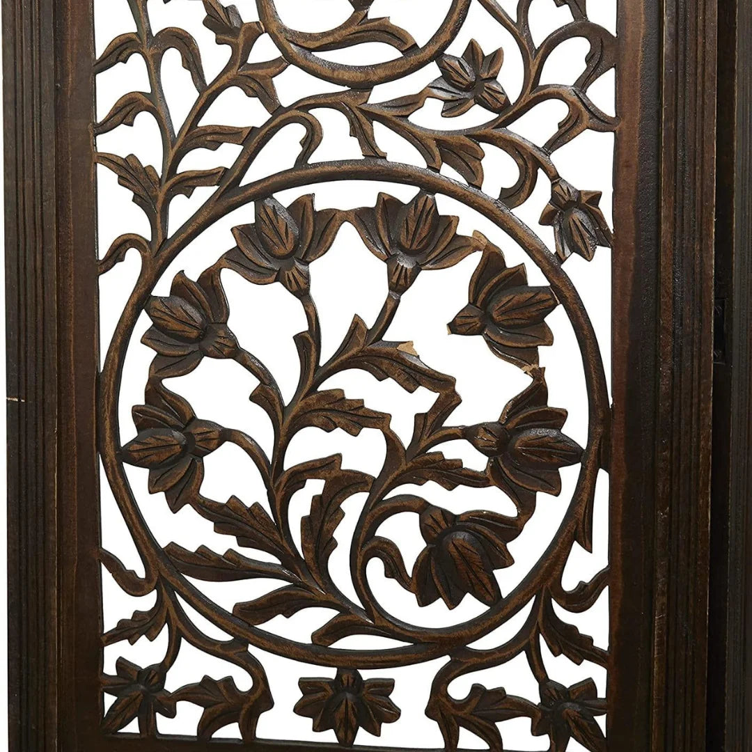 Persian Four-Panel Room Divider with Lotus Medallion Design-Wooden Crest