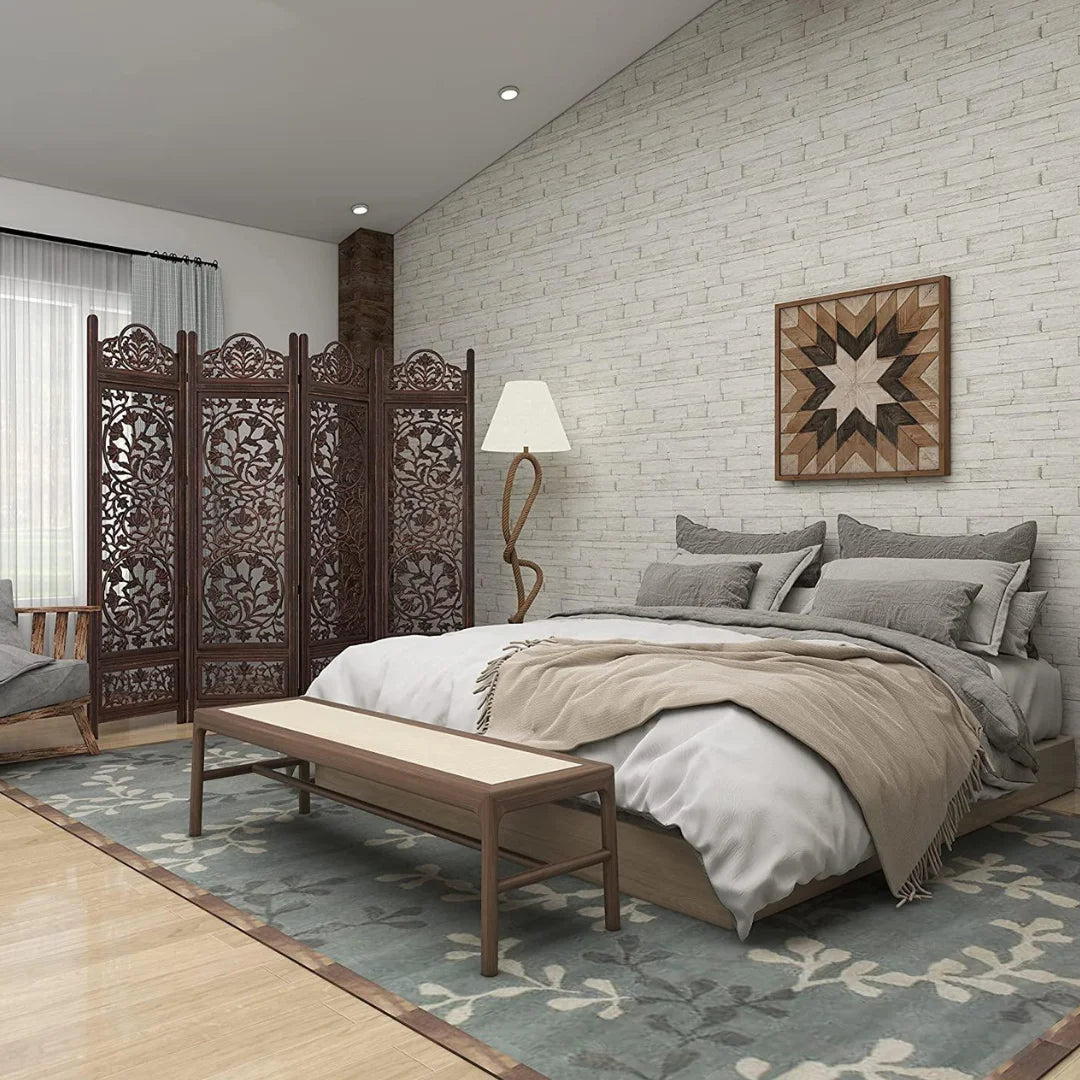 Persian Four-Panel Room Divider with Lotus Medallion Design-Wooden Crest