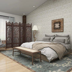Persian Four-Panel Room Divider with Lotus Medallion Design-Wooden Crest