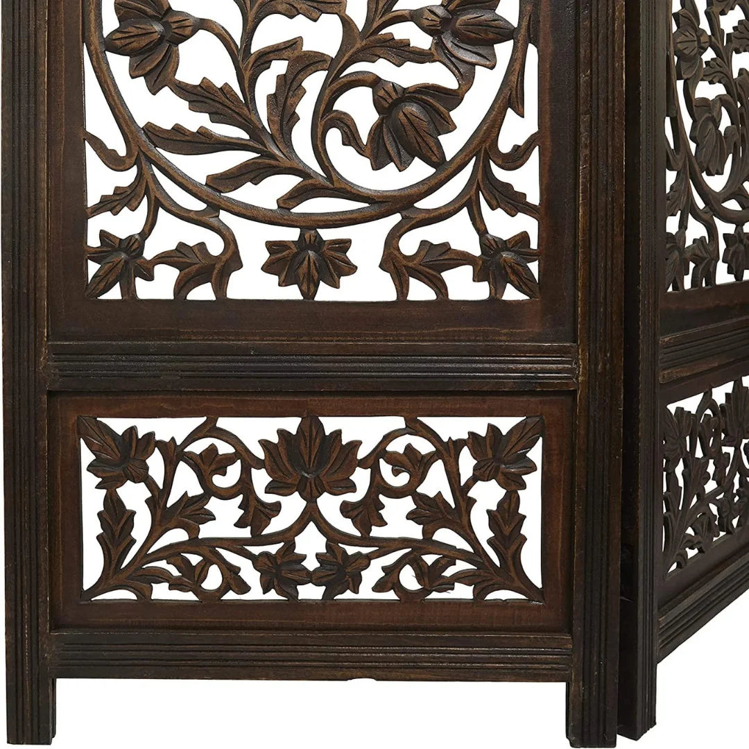 Persian Four-Panel Room Divider with Lotus Medallion Design-Wooden Crest