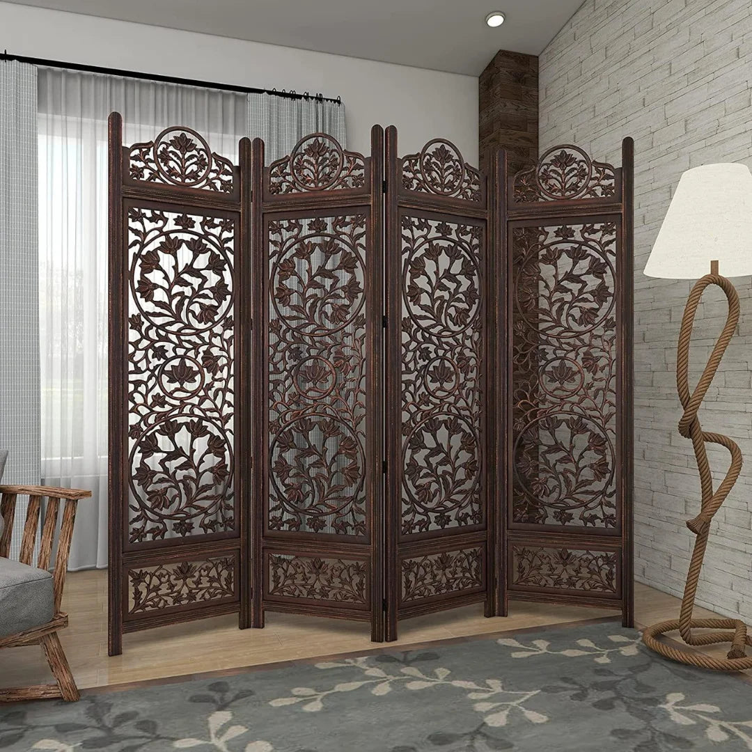Persian Four-Panel Room Divider with Lotus Medallion Design-Wooden Crest