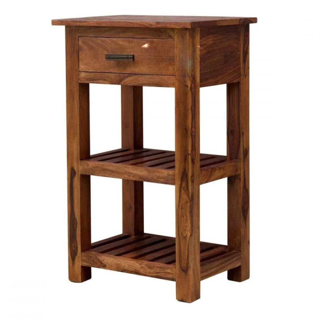 Modern Slatted Side Table with Storage Drawer