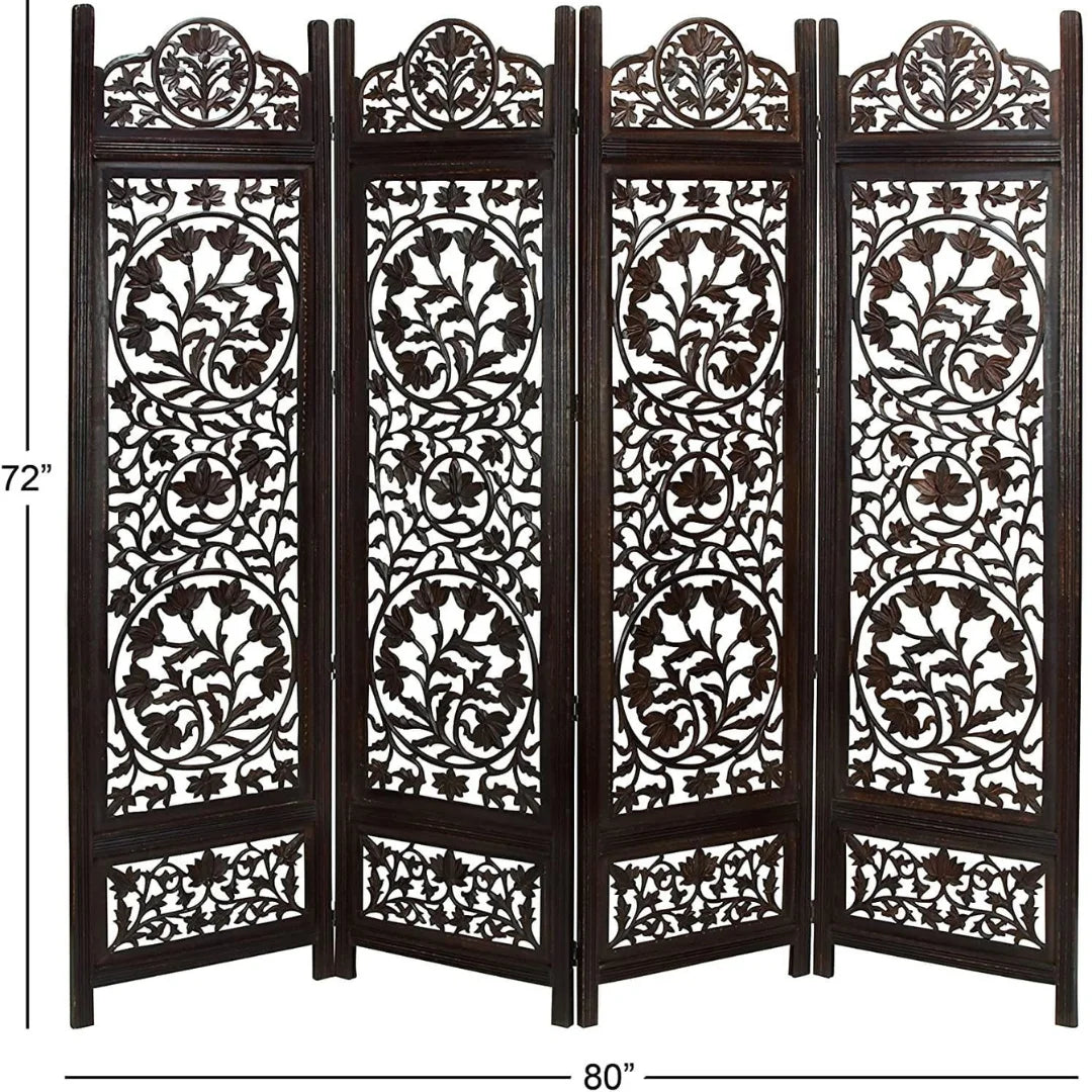 Persian Four-Panel Room Divider with Lotus Medallion Design-Wooden Crest