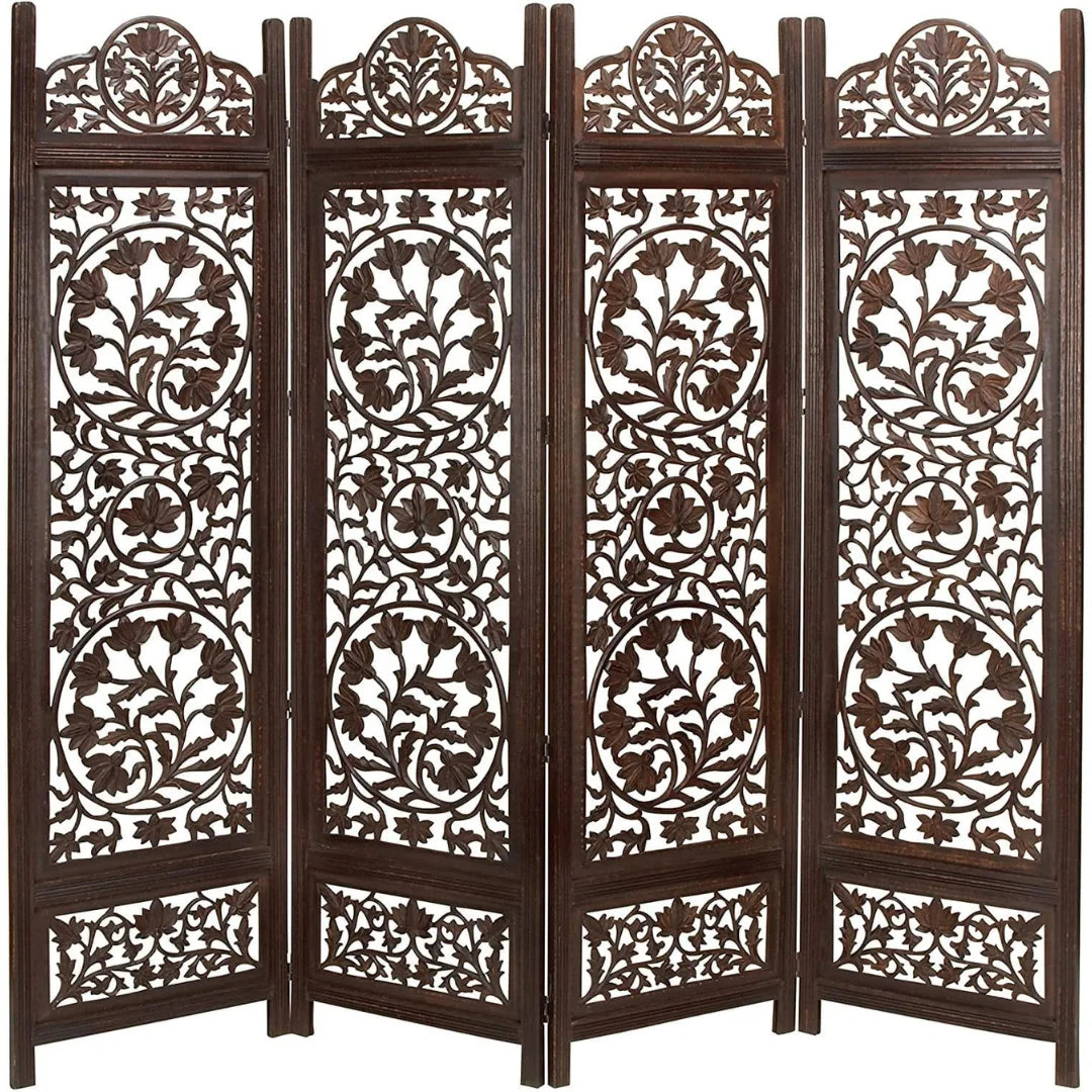 Persian Four-Panel Room Divider with Lotus Medallion Design-Wooden Crest