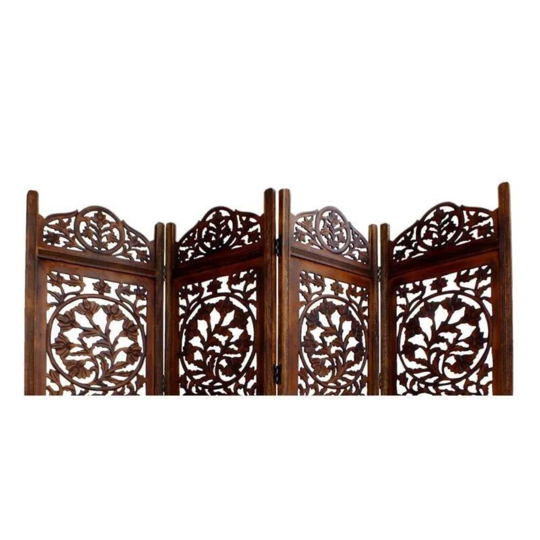 Taj Four-Panel Room Divider with Triple Medallion Design-Wooden Crest
