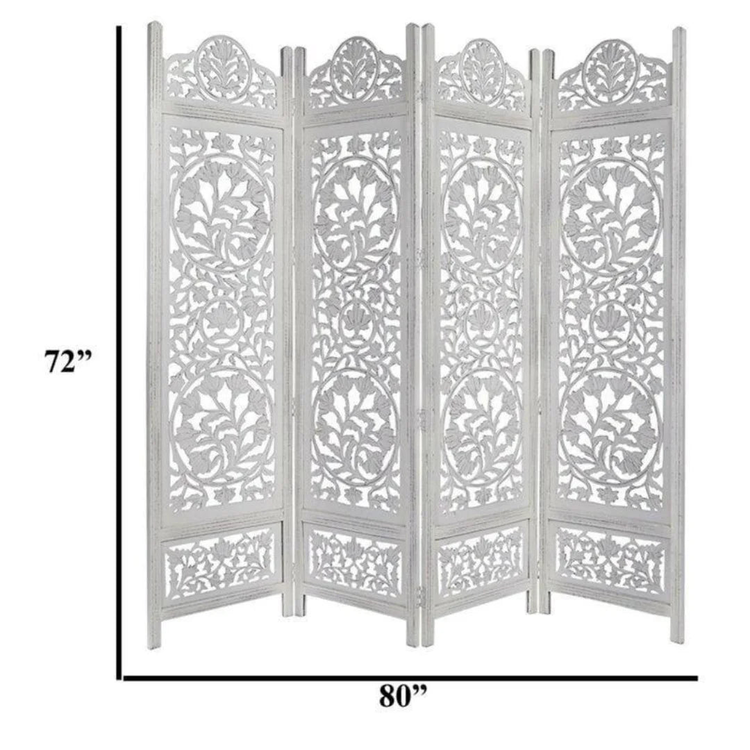 Taj Four-Panel Room Divider with Triple Medallion Design-Wooden Crest