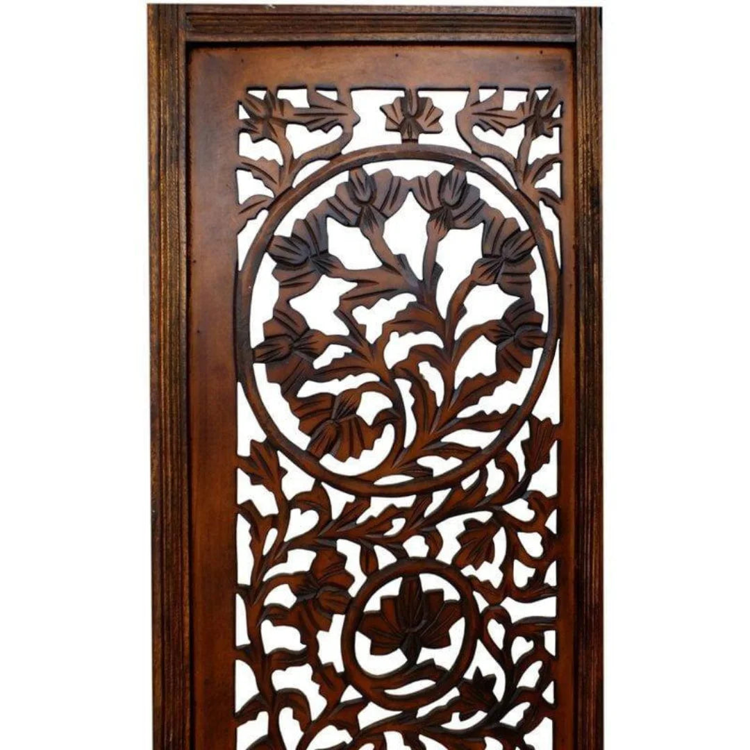 Taj Four-Panel Room Divider with Triple Medallion Design-Wooden Crest
