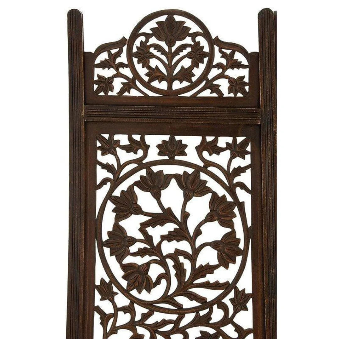 Taj Four-Panel Room Divider with Triple Medallion Design-Wooden Crest