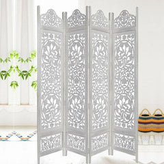 Taj Four-Panel Room Divider with Triple Medallion Design-Wooden Crest