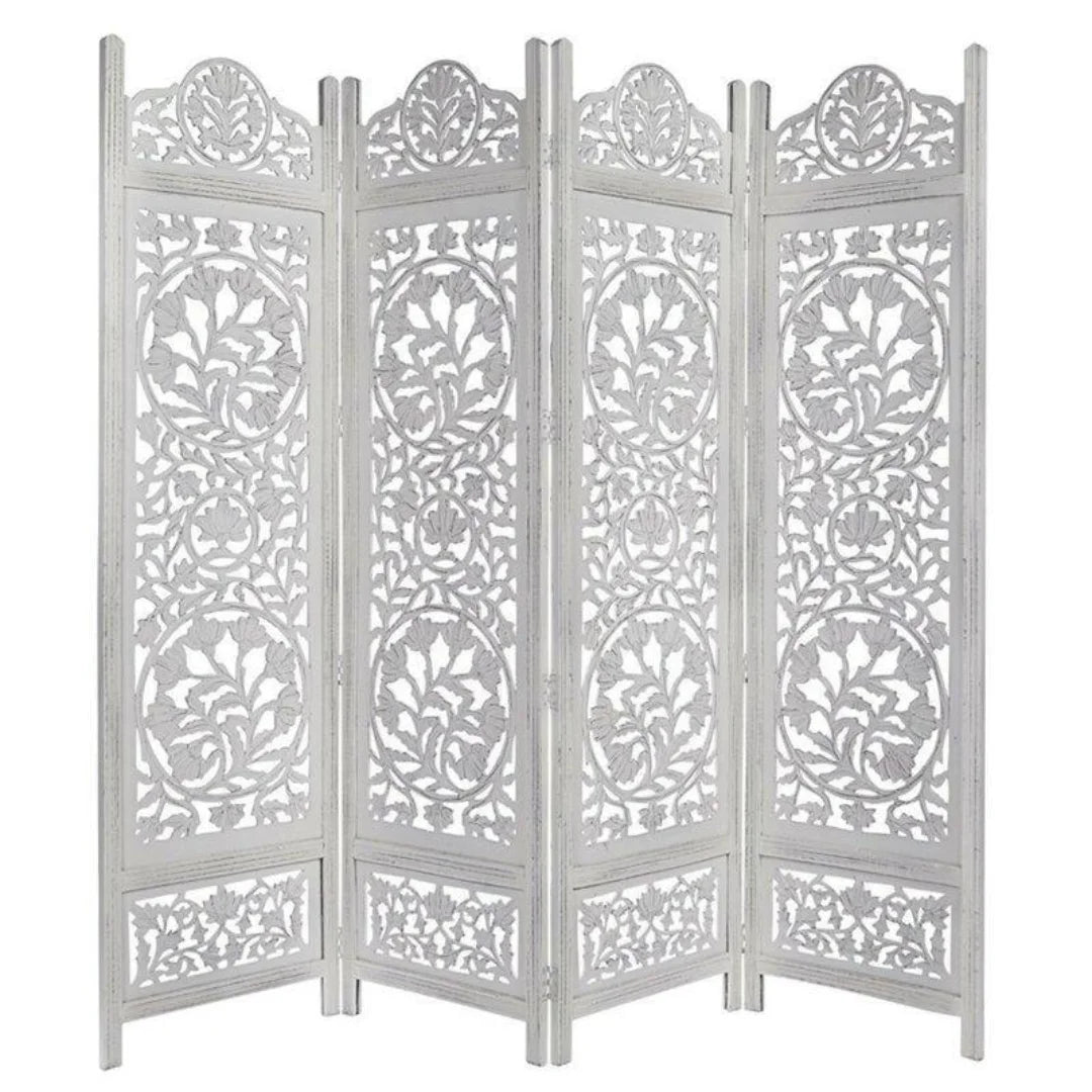 Taj Four-Panel Room Divider with Triple Medallion Design-Wooden Crest