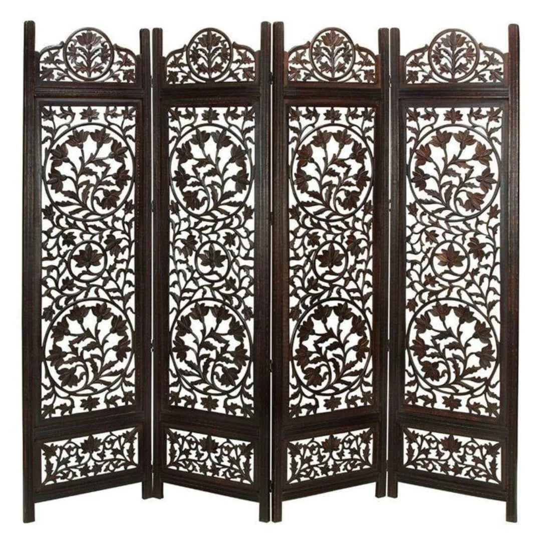 Taj Four-Panel Room Divider with Triple Medallion Design-Wooden Crest