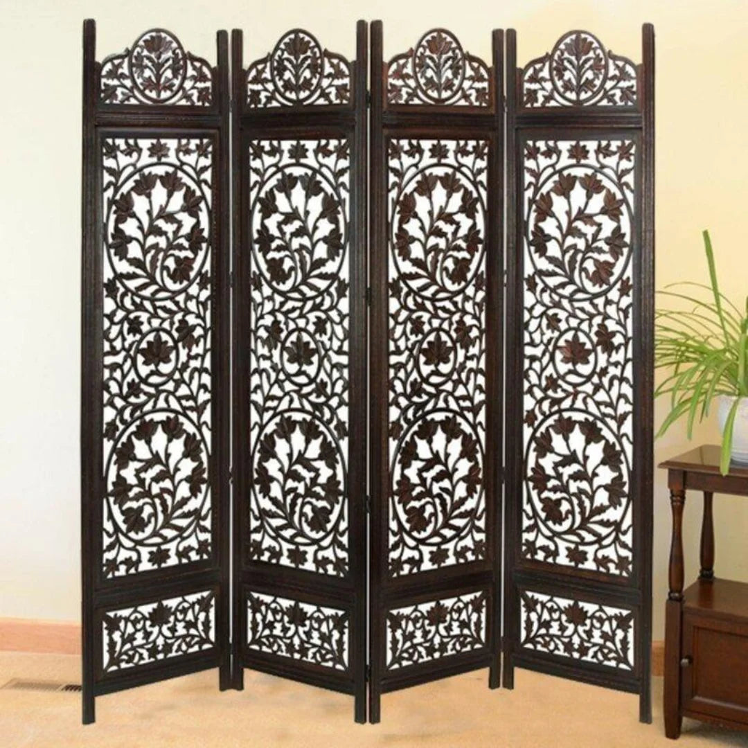 Taj Four-Panel Room Divider with Triple Medallion Design-Wooden Crest