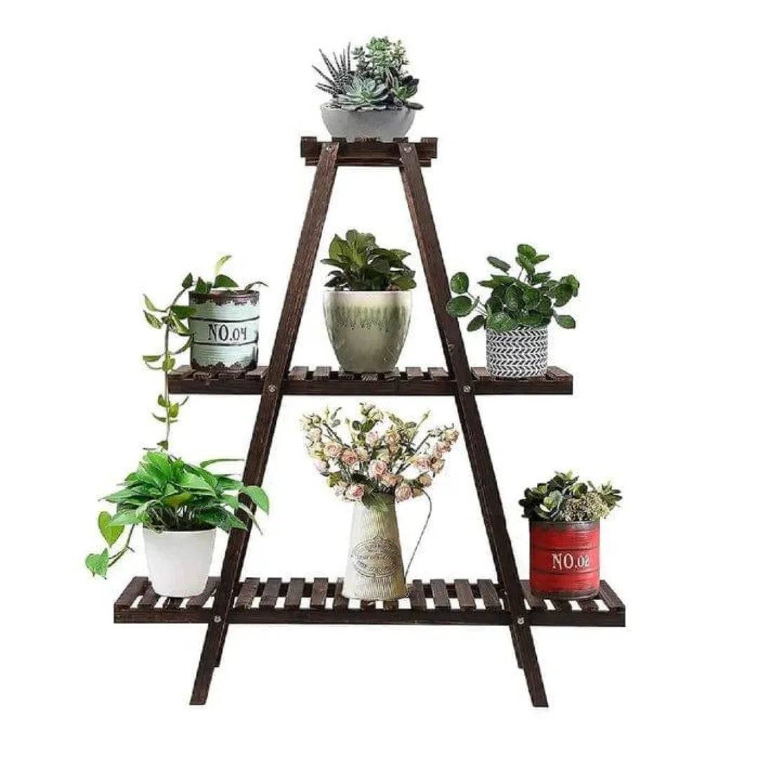 Modern A-Frame Plant Stand with Slatted Shelves-Wooden Crest