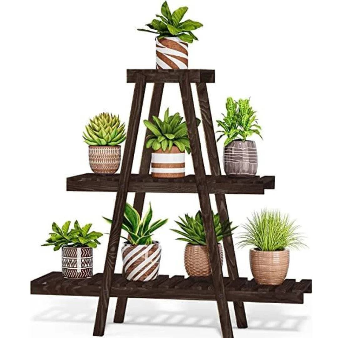 Modern A-Frame Plant Stand with Slatted Shelves-Wooden Crest