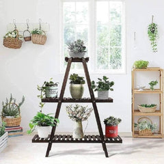 Modern A-Frame Plant Stand with Slatted Shelves-Wooden Crest
