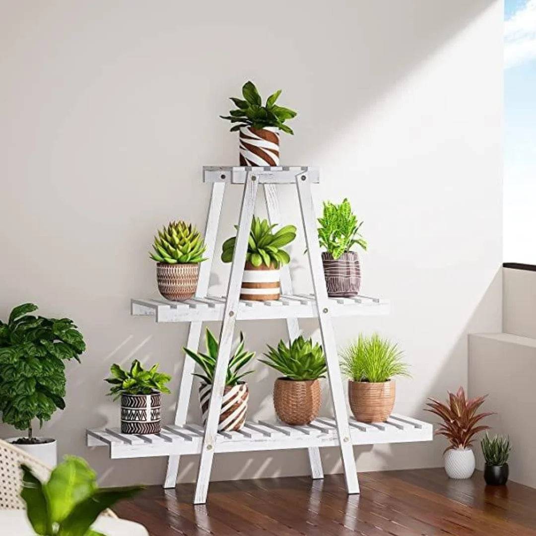 Modern A-Frame Plant Stand with Slatted Shelves-Wooden Crest