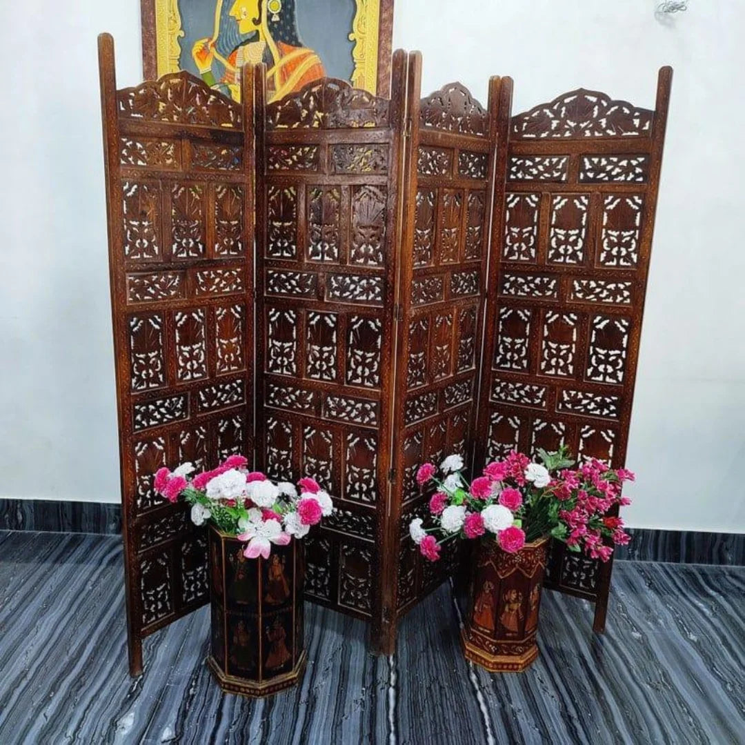 Rajasthani Four-Panel Room Divider with Floral Jali Design