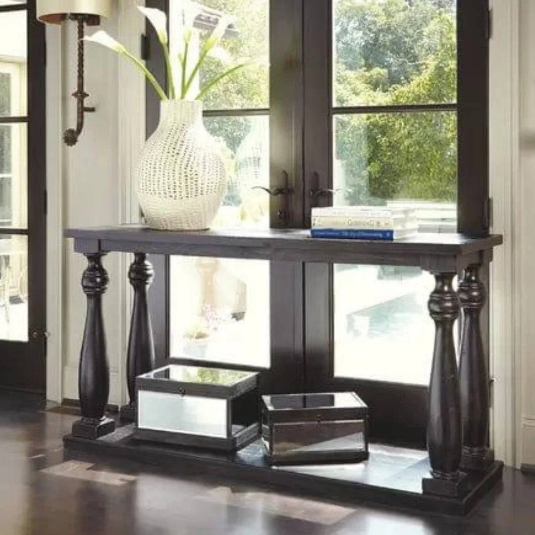 Traditional Turned Leg Console Table with Display Shelf-Wooden Crest
