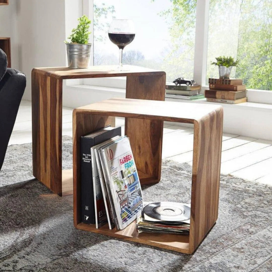 Modern Nested Storage Cubes with Natural Wood Grain