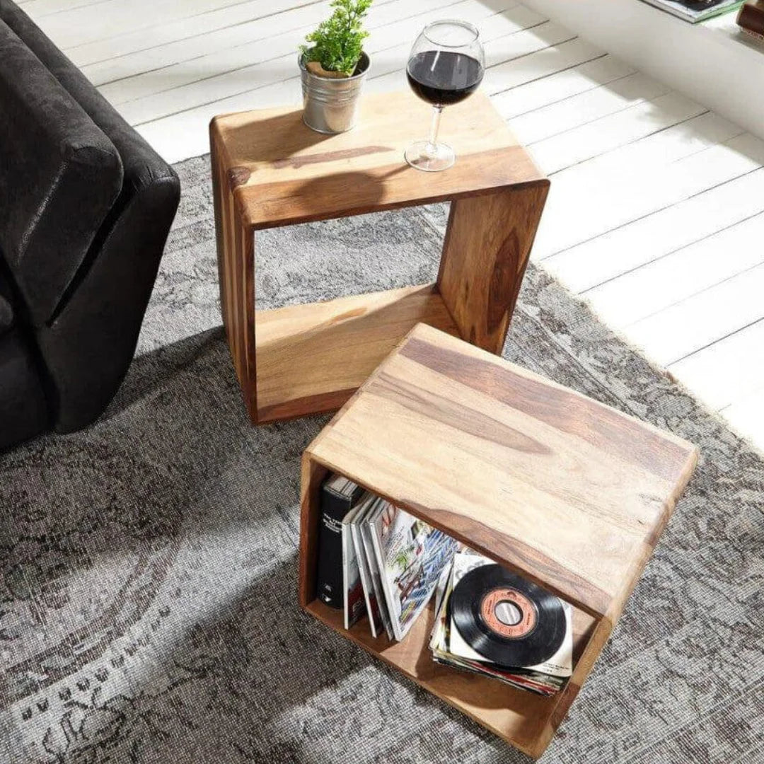 Modern Nested Storage Cubes with Natural Wood Grain