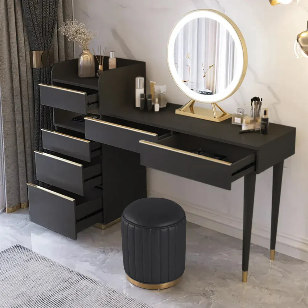 Modern Black Makeup Vanity Set with Lighted Mirror and Stool