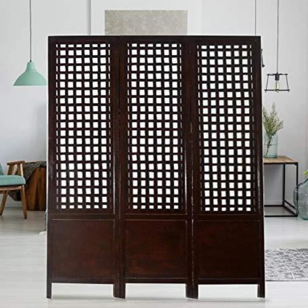 Classic Three-Panel Room Divider with Grid Design