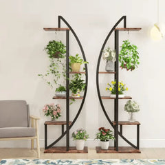 Modern Oval Plant Stand Set with Five-Tier Display-Wooden Crest