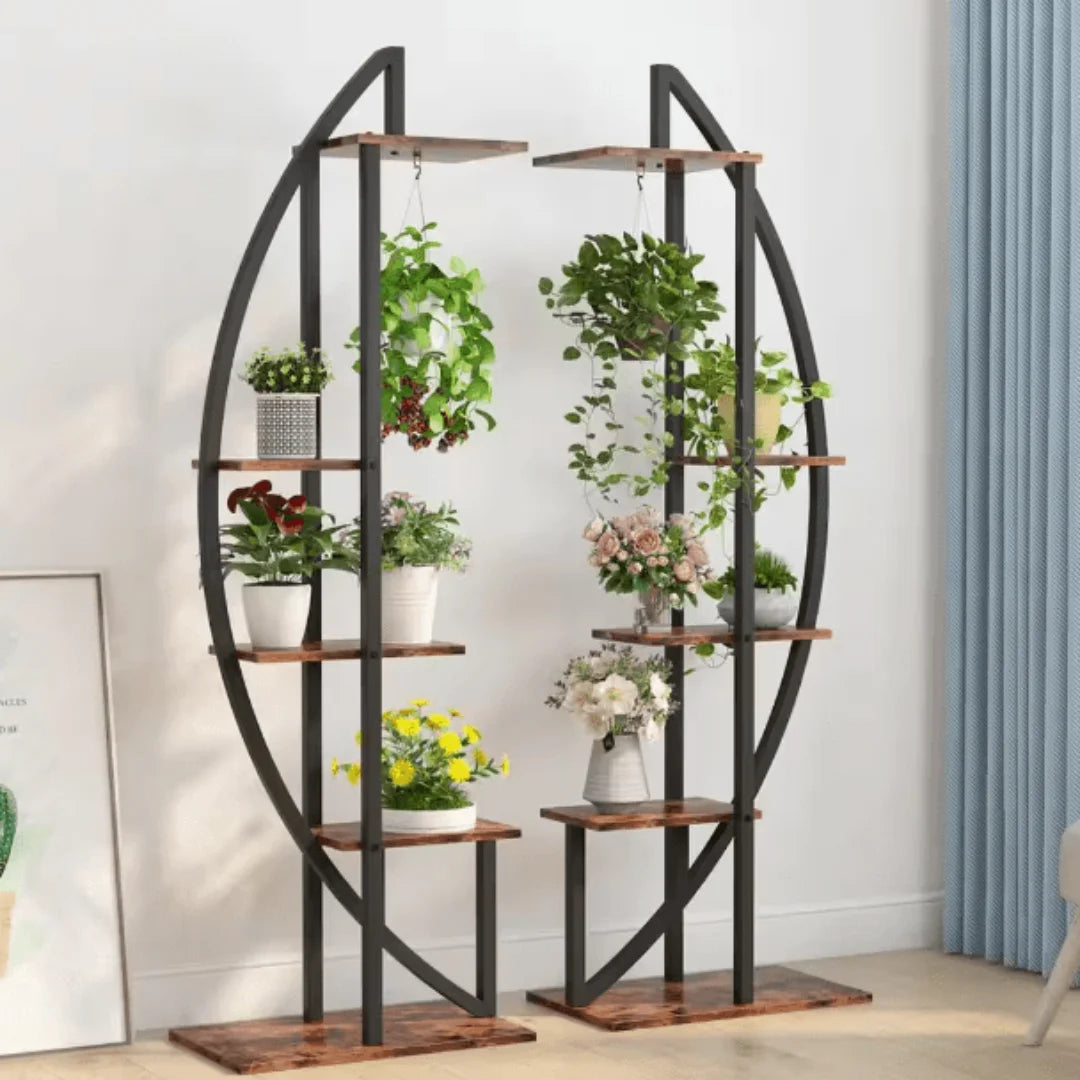 Modern Oval Plant Stand Set with Five-Tier Display-Wooden Crest