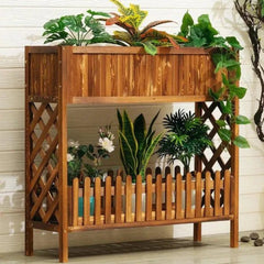 Cottage-Style Two-Tier Plant Stand with Lattice Panels-Wooden Crest