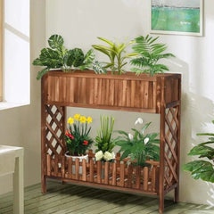 Cottage-Style Two-Tier Plant Stand with Lattice Panels-Wooden Crest