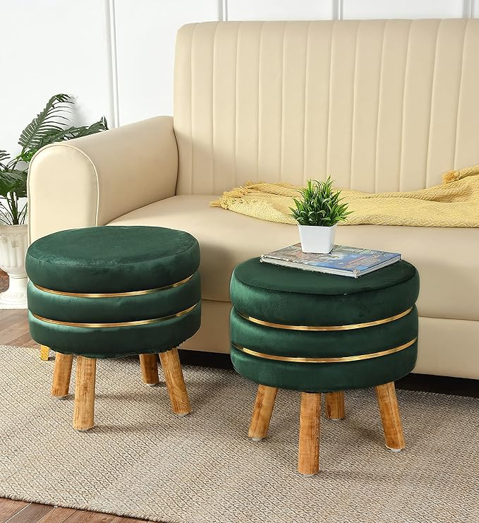 Ottoman Stool for Living Room Set of 2 Sitting Pouffes upholstered pouffe Puffy for Foot Rest Home Furniture Pouf Round Sitting 4 Wooden Legs-Wooden Crest
