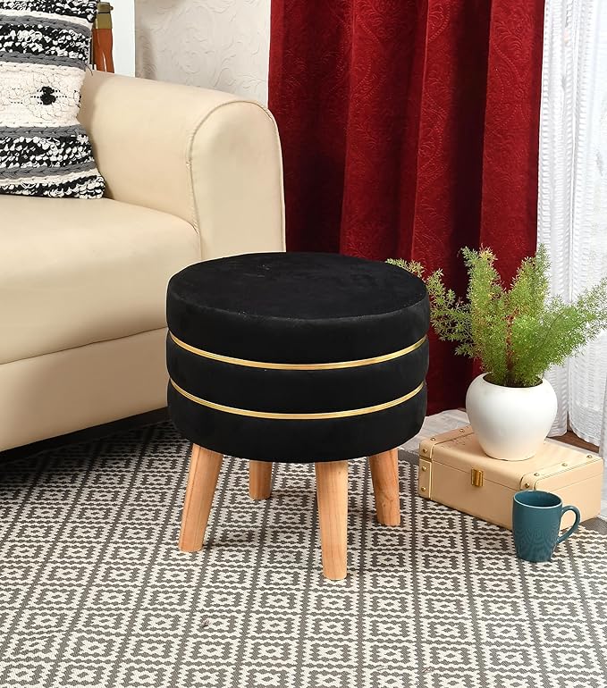 Ottoman Stool for Living Room Set of 2 Sitting Pouffes upholstered pouffe Puffy for Foot Rest Home Furniture Pouf Round Sitting 4 Wooden Legs-Wooden Crest
