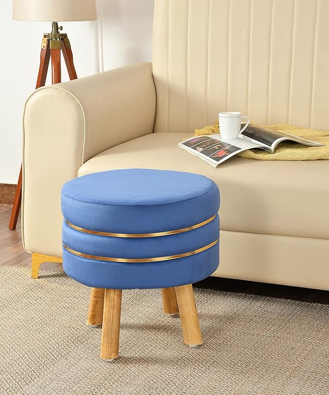 Ottoman Stool for Living Room Set of 2 Sitting Pouffes upholstered pouffe Puffy for Foot Rest Home Furniture Pouf Round Sitting 4 Wooden Legs-Wooden Crest