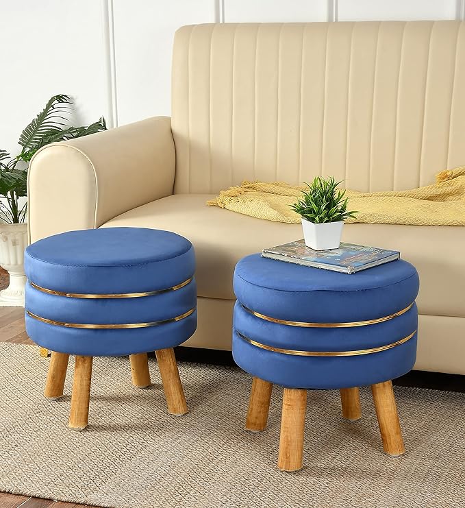 Ottoman Stool for Living Room Set of 2 Sitting Pouffes upholstered pouffe Puffy for Foot Rest Home Furniture Pouf Round Sitting 4 Wooden Legs-Wooden Crest