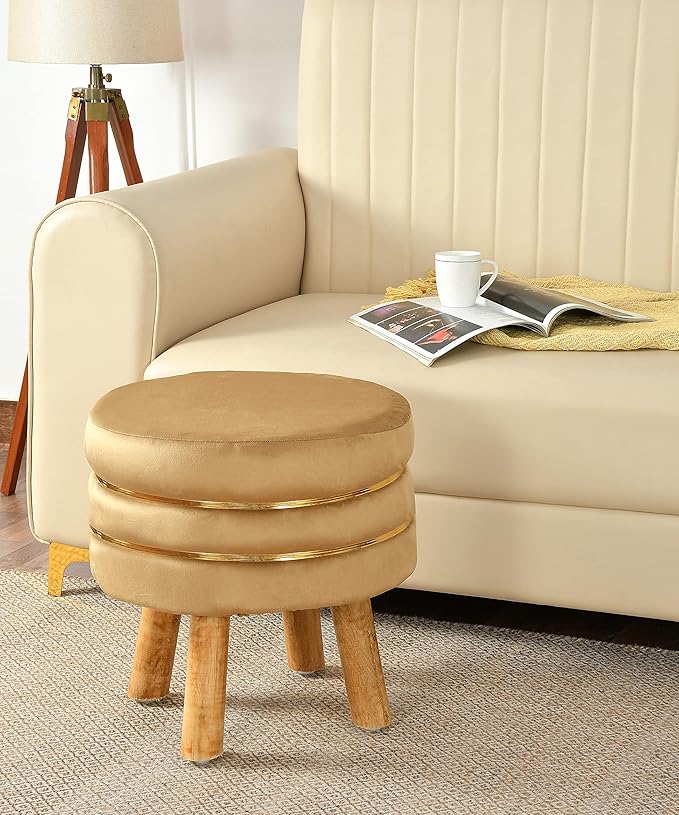 Ottoman Stool for Living Room Set of 2 Sitting Pouffes upholstered pouffe Puffy for Foot Rest Home Furniture Pouf Round Sitting 4 Wooden Legs-Wooden Crest