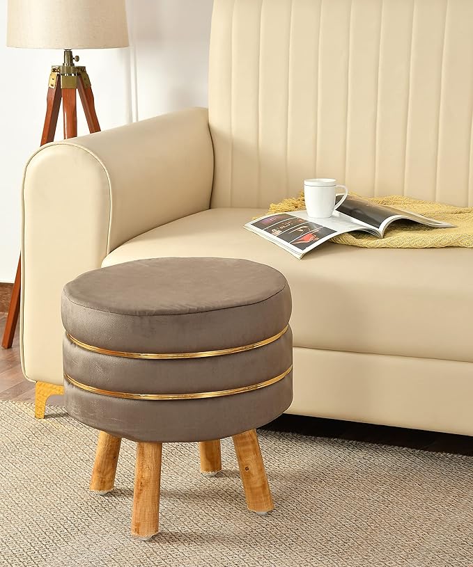 Ottoman Stool for Living Room Set of 2 Sitting Pouffes upholstered pouffe Puffy for Foot Rest Home Furniture Pouf Round Sitting 4 Wooden Legs-Wooden Crest