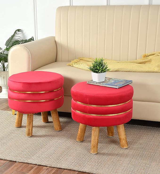 Ottoman Stool for Living Room Set of 2 Sitting Pouffes upholstered pouffe Puffy for Foot Rest Home Furniture Pouf Round Sitting 4 Wooden Legs-Wooden Crest