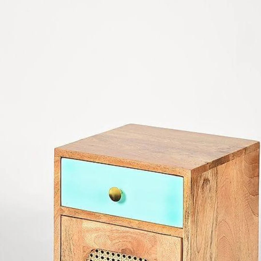 Boho-Chic Side Table with Cane Door and Drawer