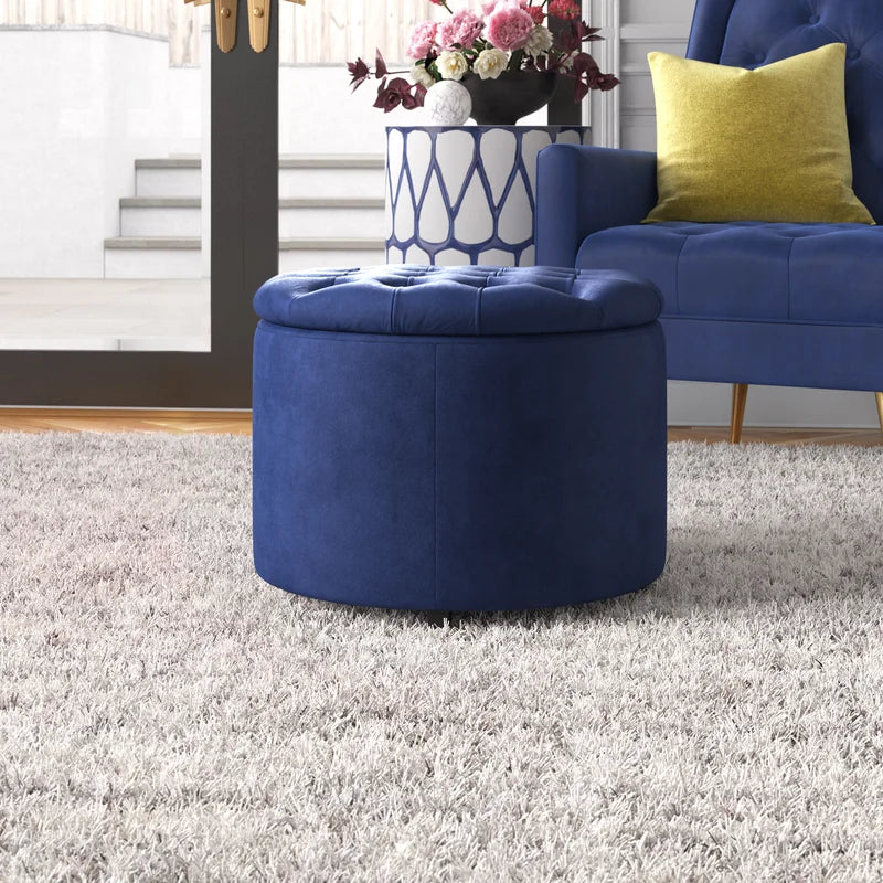 Wide Velvet Tufted Round Storage Ottoman-Wooden Crest