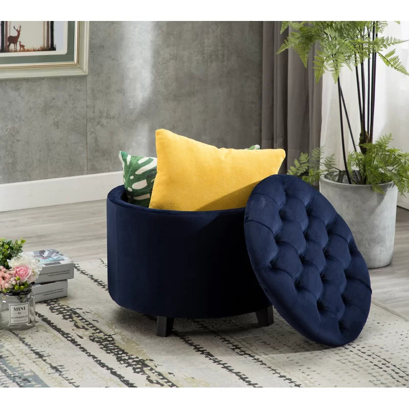 Wide Velvet Tufted Round Storage Ottoman-Wooden Crest
