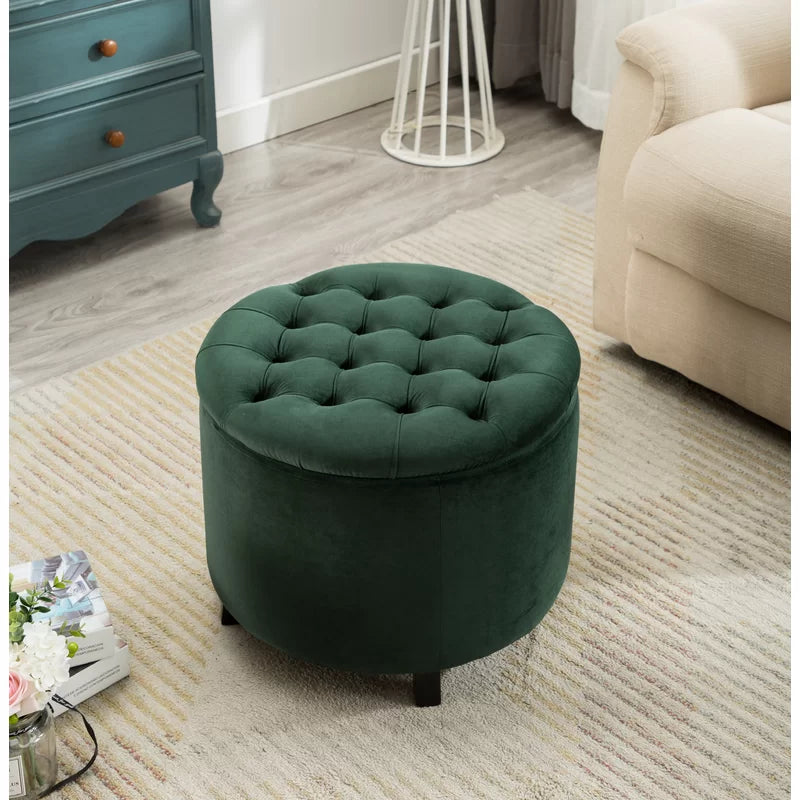 Wide Velvet Tufted Round Storage Ottoman-Wooden Crest