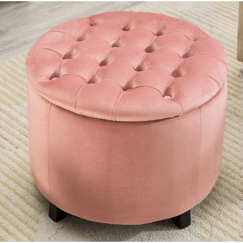 Wide Velvet Tufted Round Storage Ottoman-Wooden Crest