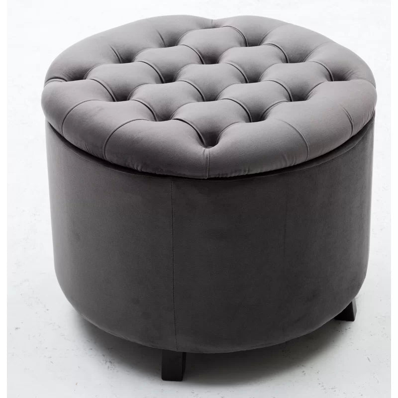 Wide Velvet Tufted Round Storage Ottoman-Wooden Crest