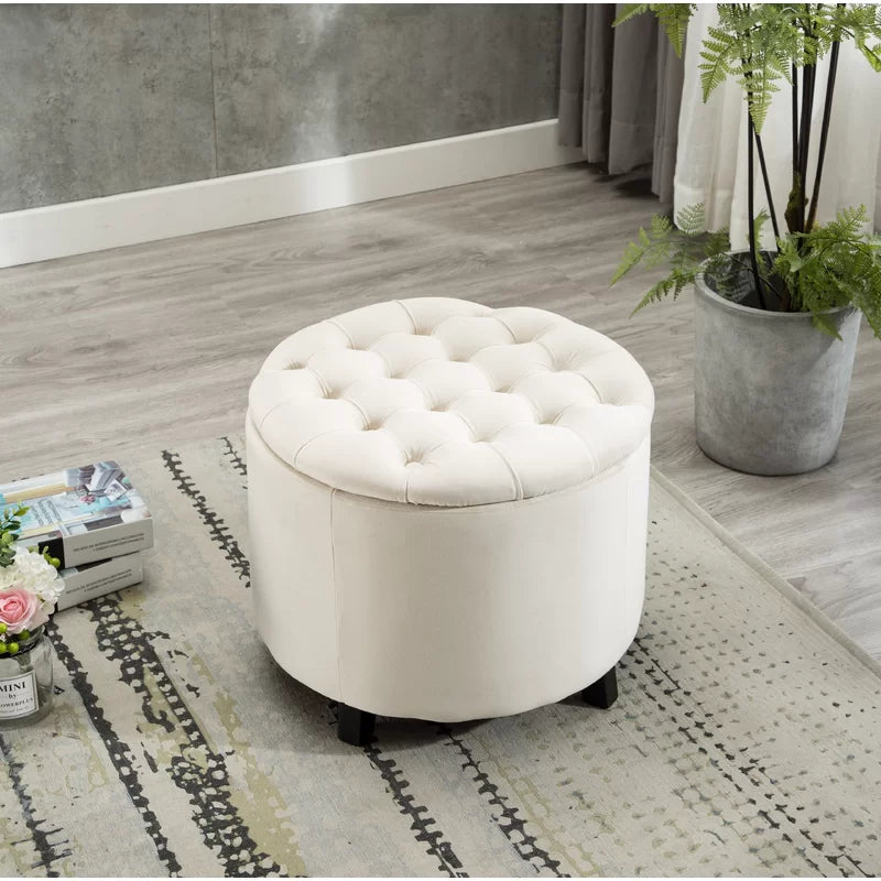 Wide Velvet Tufted Round Storage Ottoman-Wooden Crest