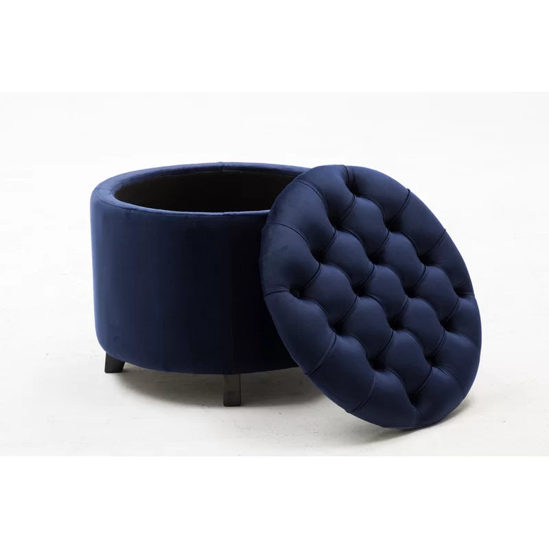 Wide Velvet Tufted Round Storage Ottoman-Wooden Crest