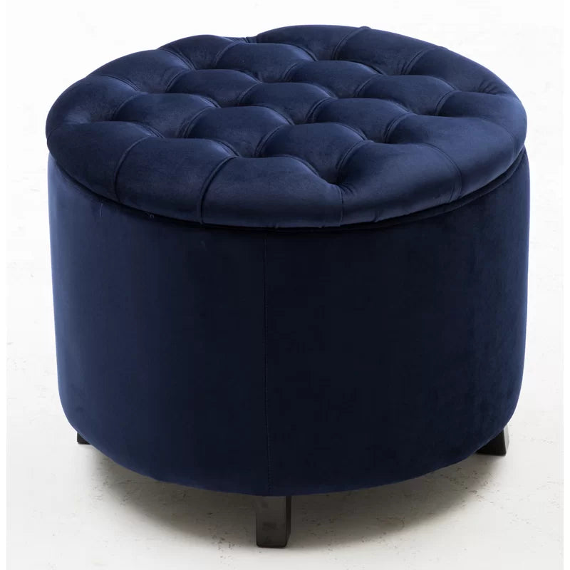 Wide Velvet Tufted Round Storage Ottoman-Wooden Crest
