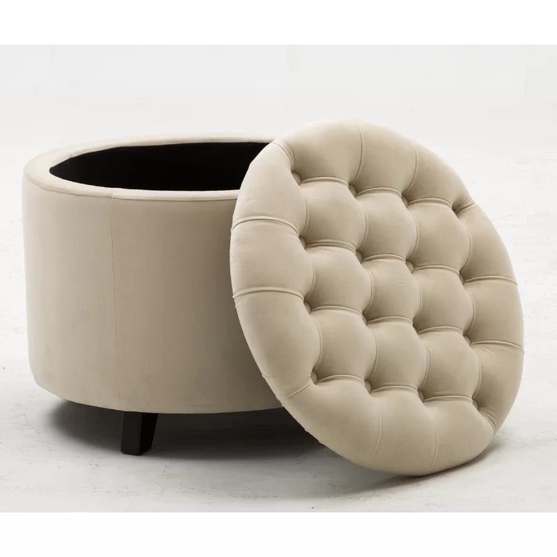 Wide Velvet Tufted Round Storage Ottoman-Wooden Crest