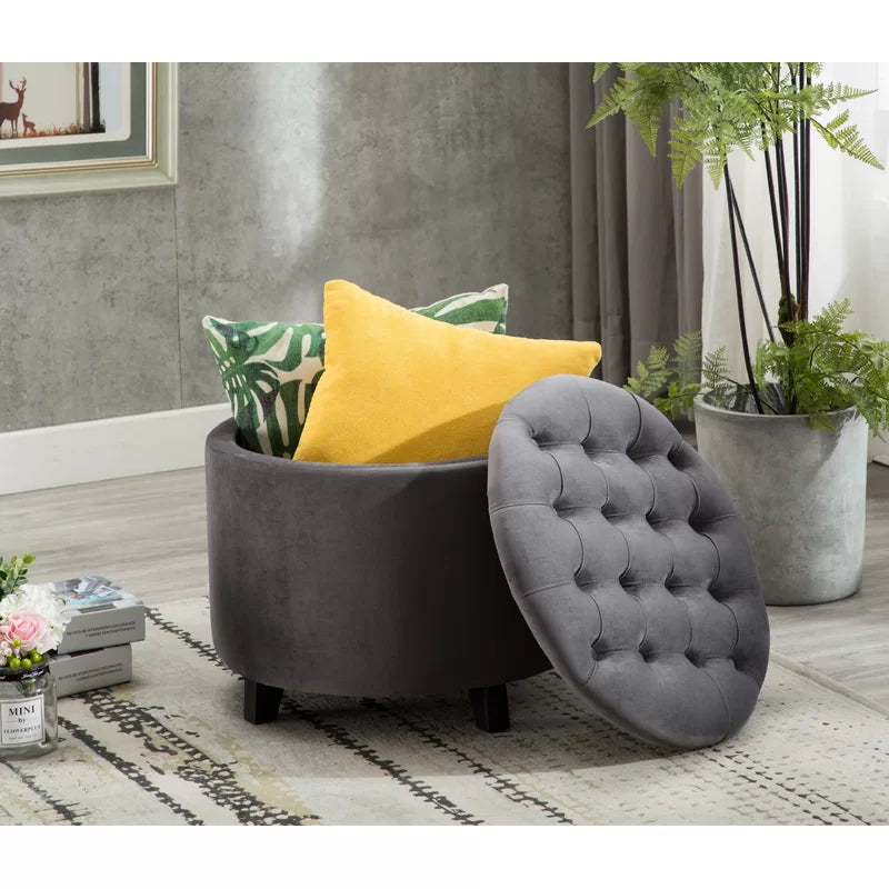 Wide Velvet Tufted Round Storage Ottoman-Wooden Crest